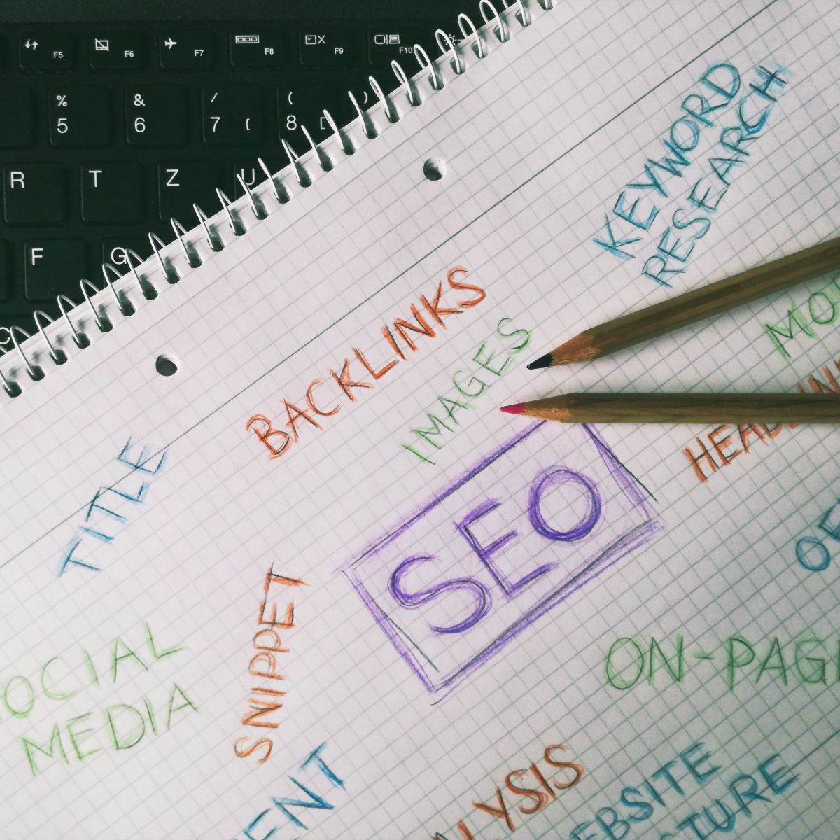 Notebook with handwritten words related to seo.