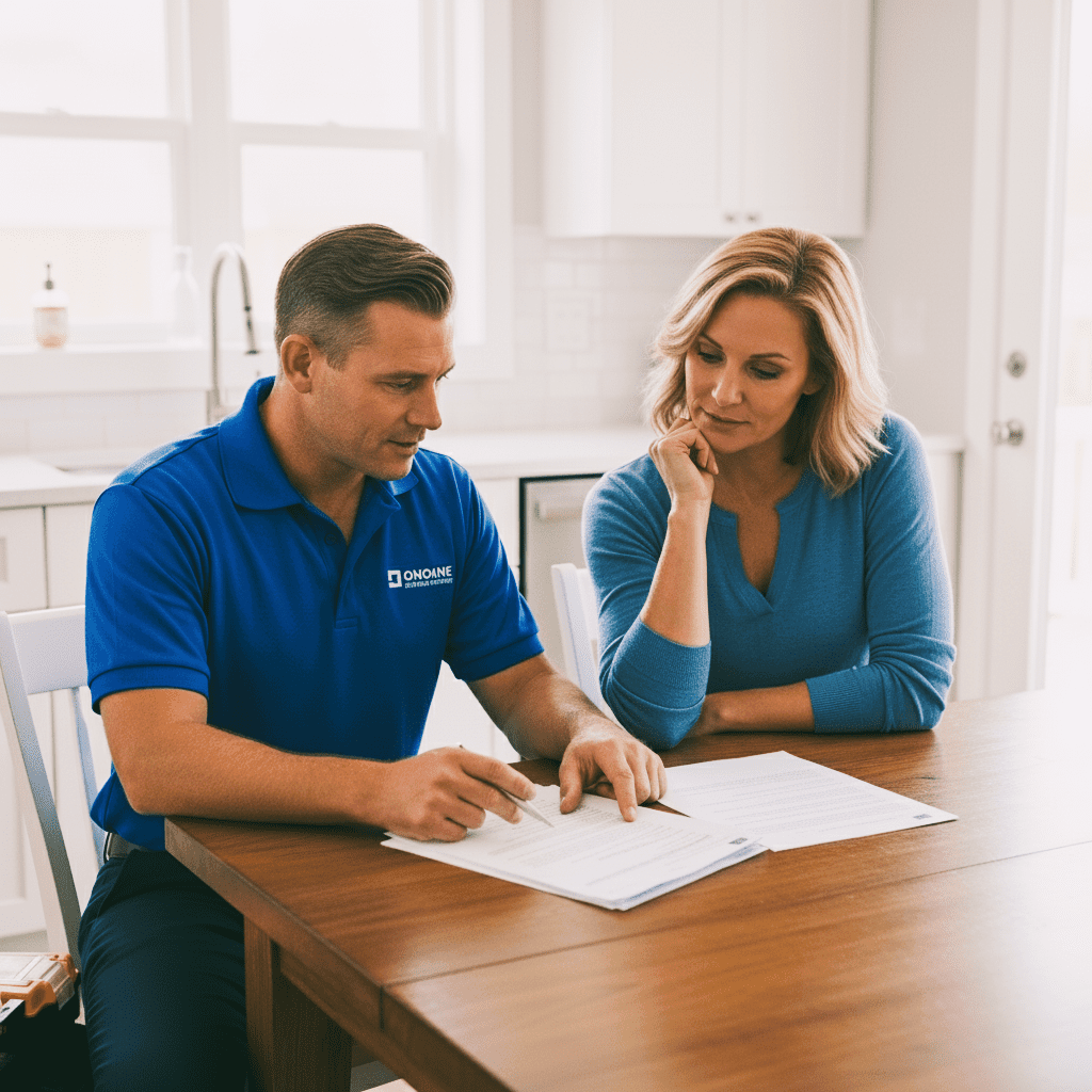 Homeowner meeting with home services technician.