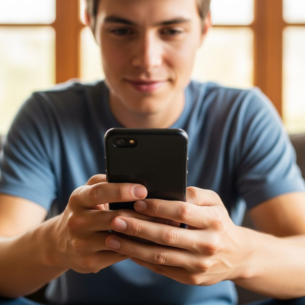 Young man typing on phone.