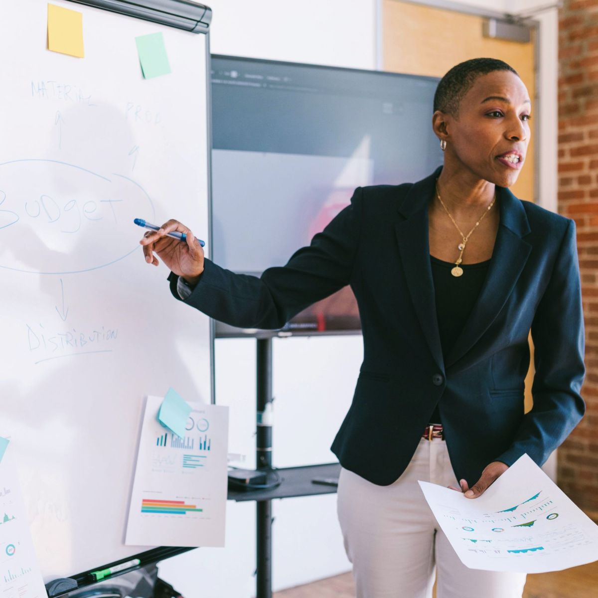 Professional woman at a white board.