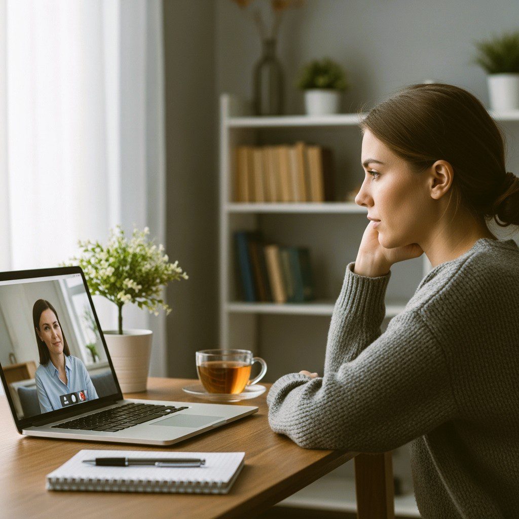 female client at computer for online therapy.