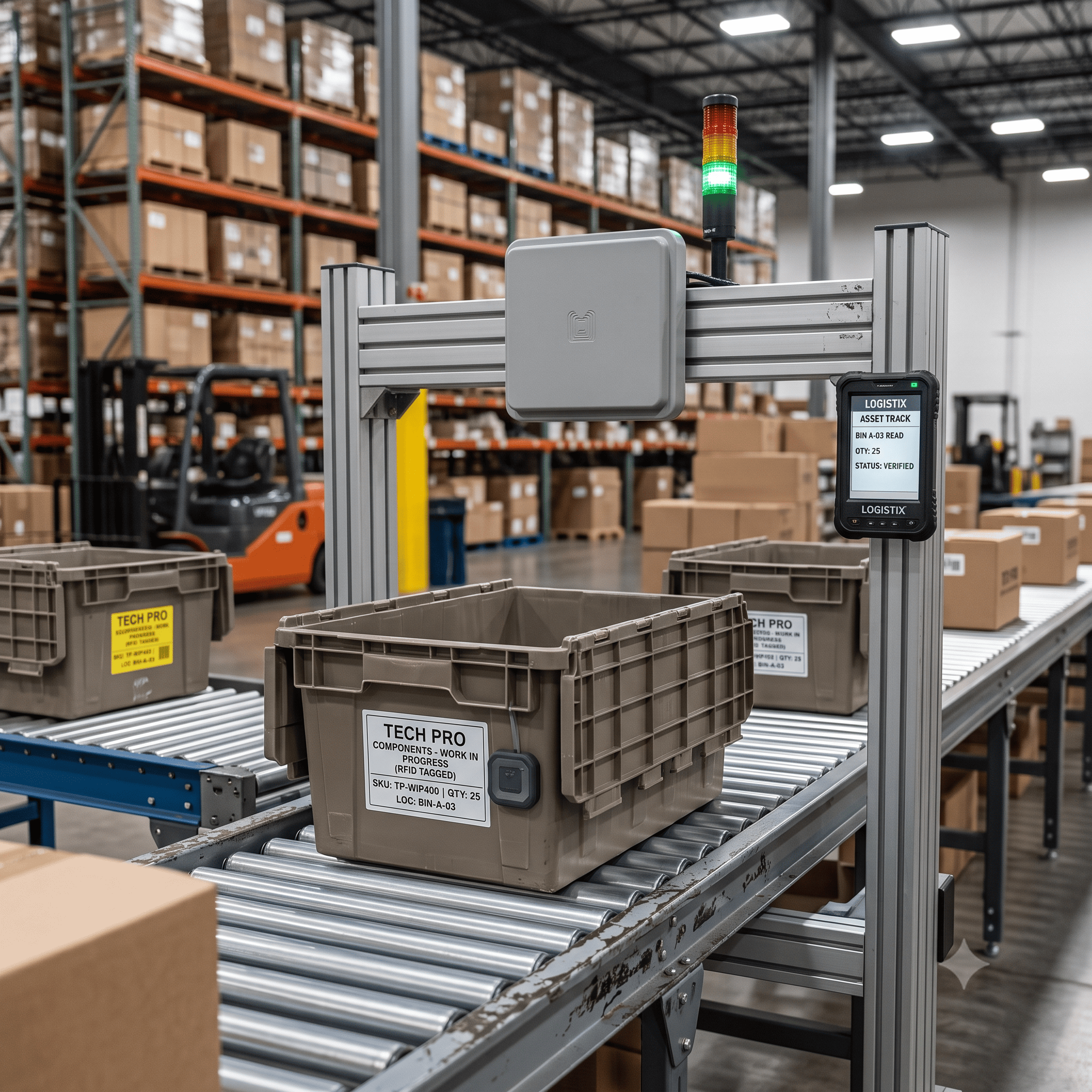 rfid tagged pallets passing under scanner in warehouse