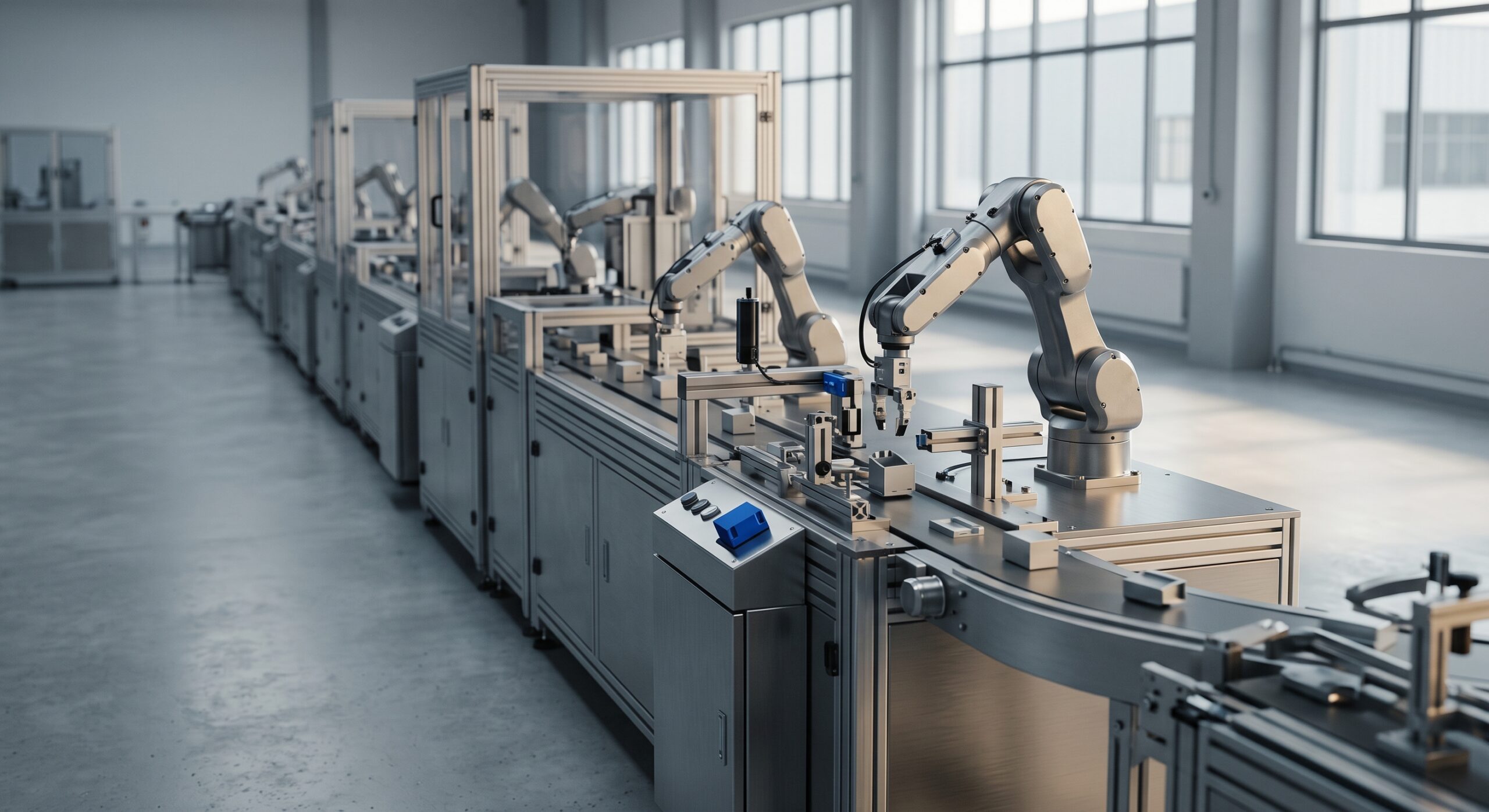 A perspective view down an automated robotic assembly line with a blue sensor and metal parts.