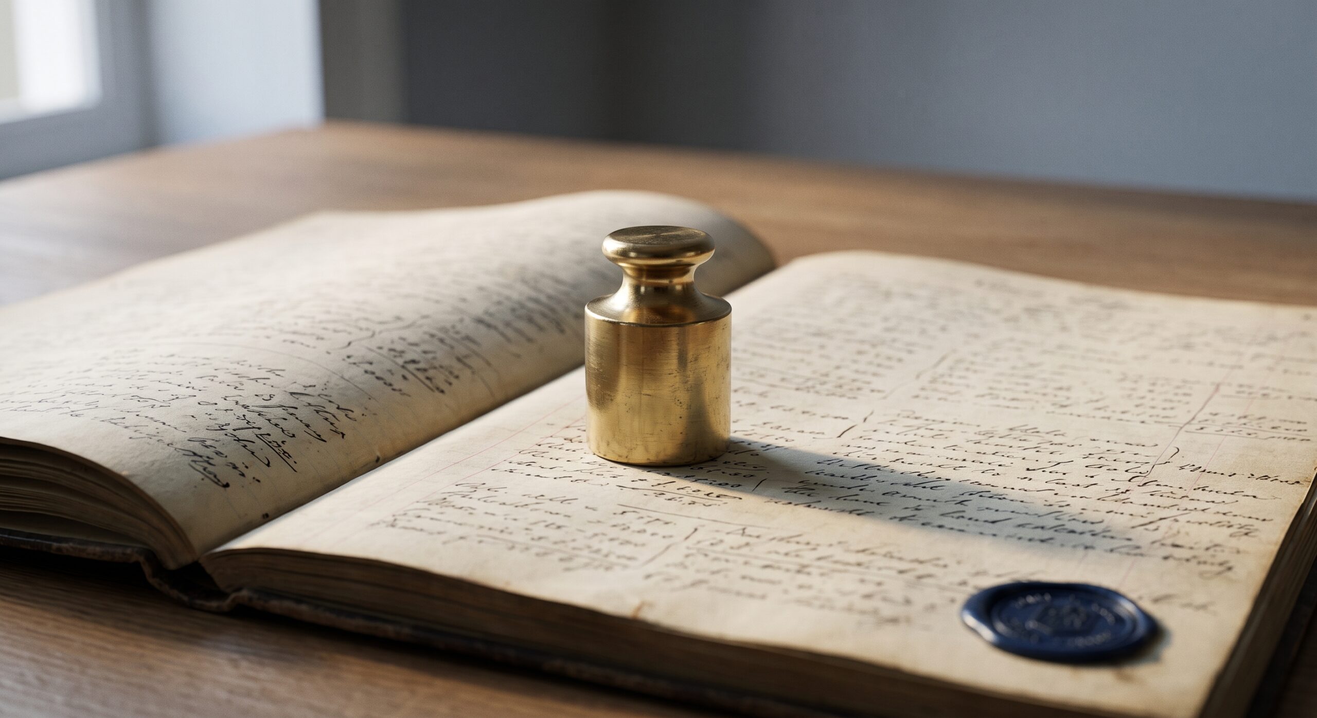 A single brass weight rests on the handwritten pages of an open analog ledger book on wood.
