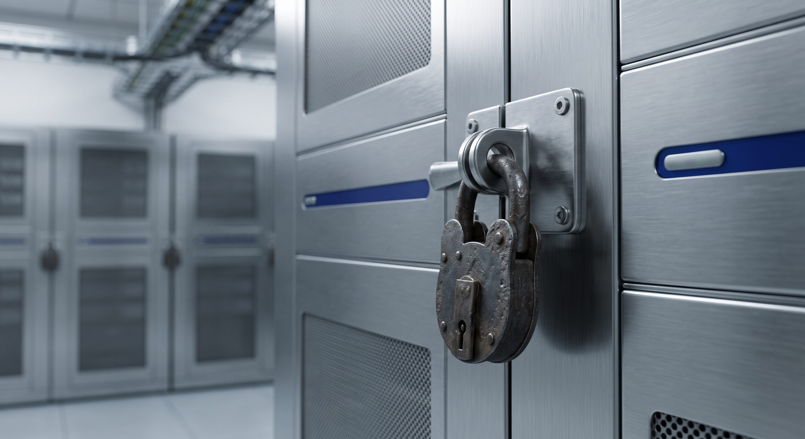 An antique iron padlock secures the latch on a modern brushed steel data cabinet door.