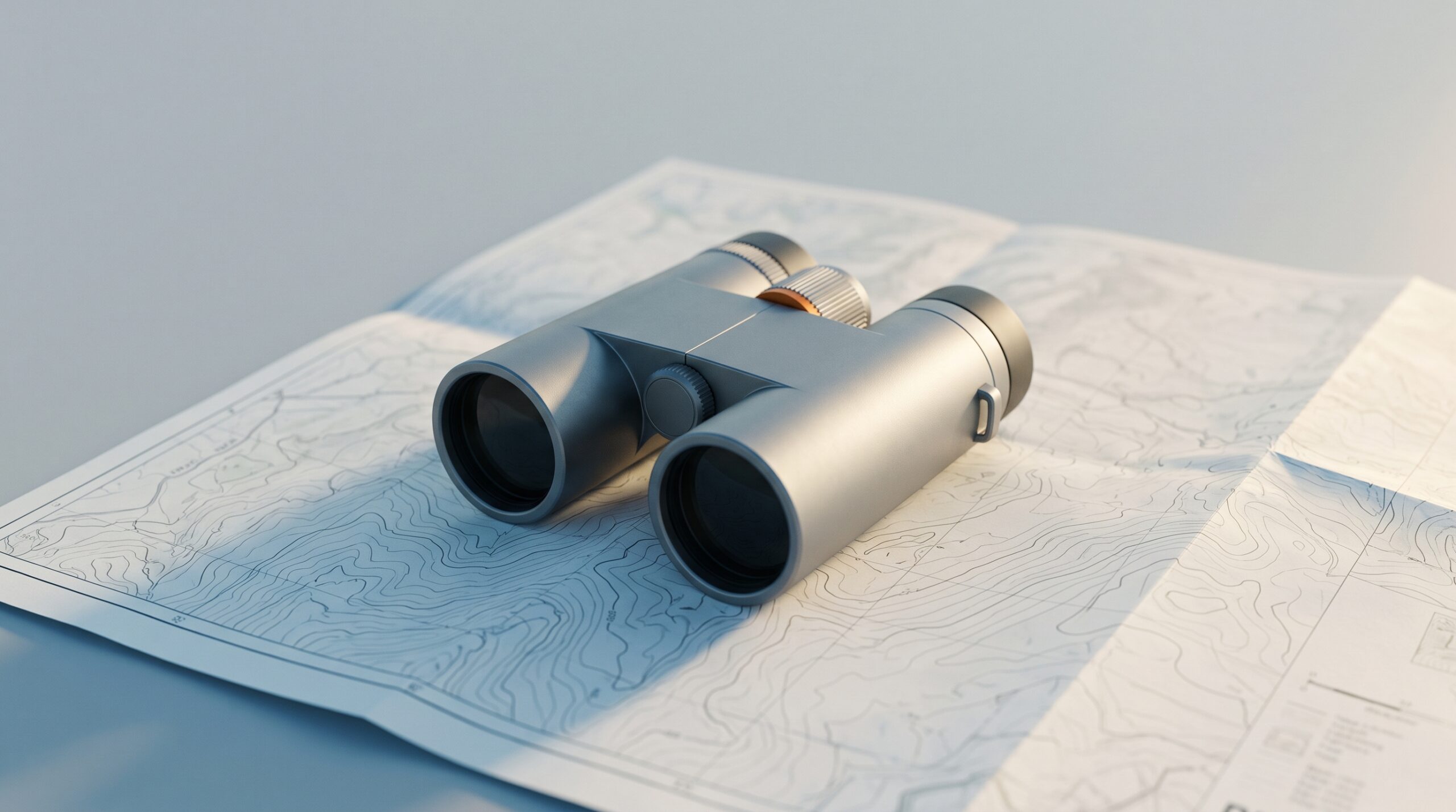 Matte steel binoculars resting on an unfolded topographic map