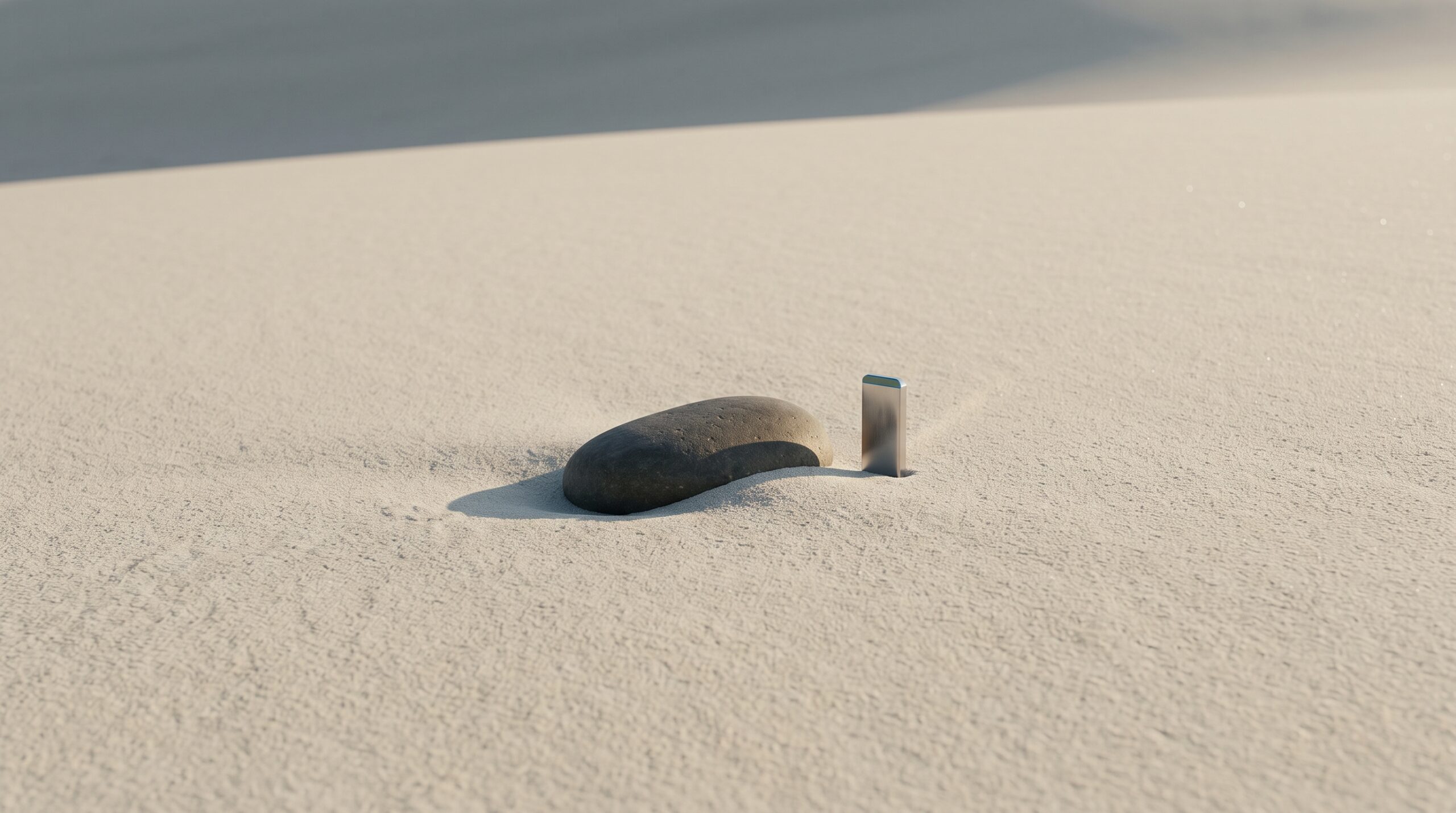 A dark river stone partially buried in smooth white sand next to a small metal marker