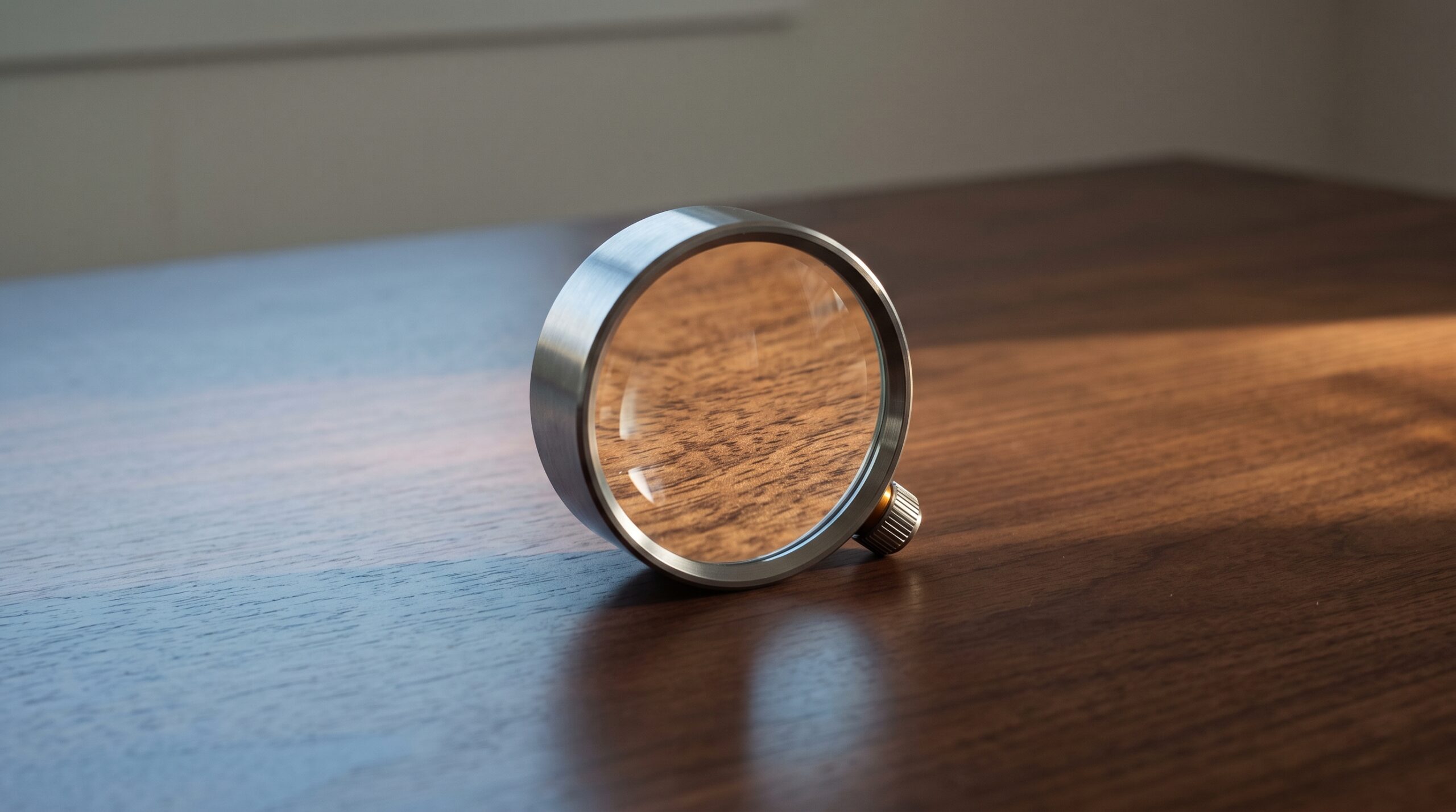 A heavy glass and metal magnifying loupe resting on a dark wooden desk