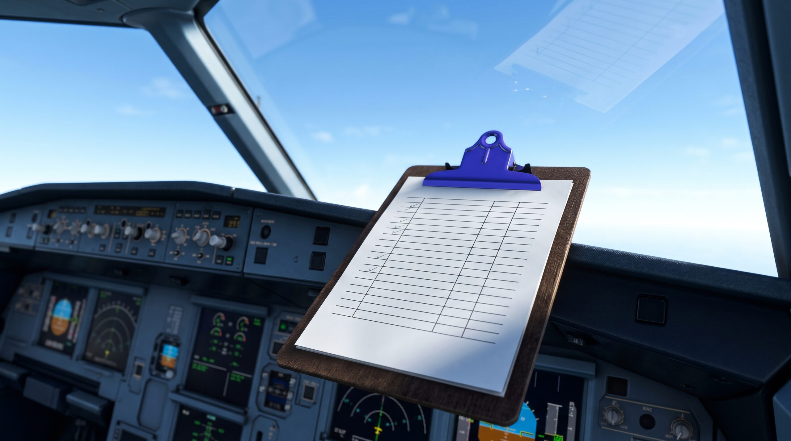 Paper checklist on a clipboard resting on a glass cockpit with clear sky through the windshield