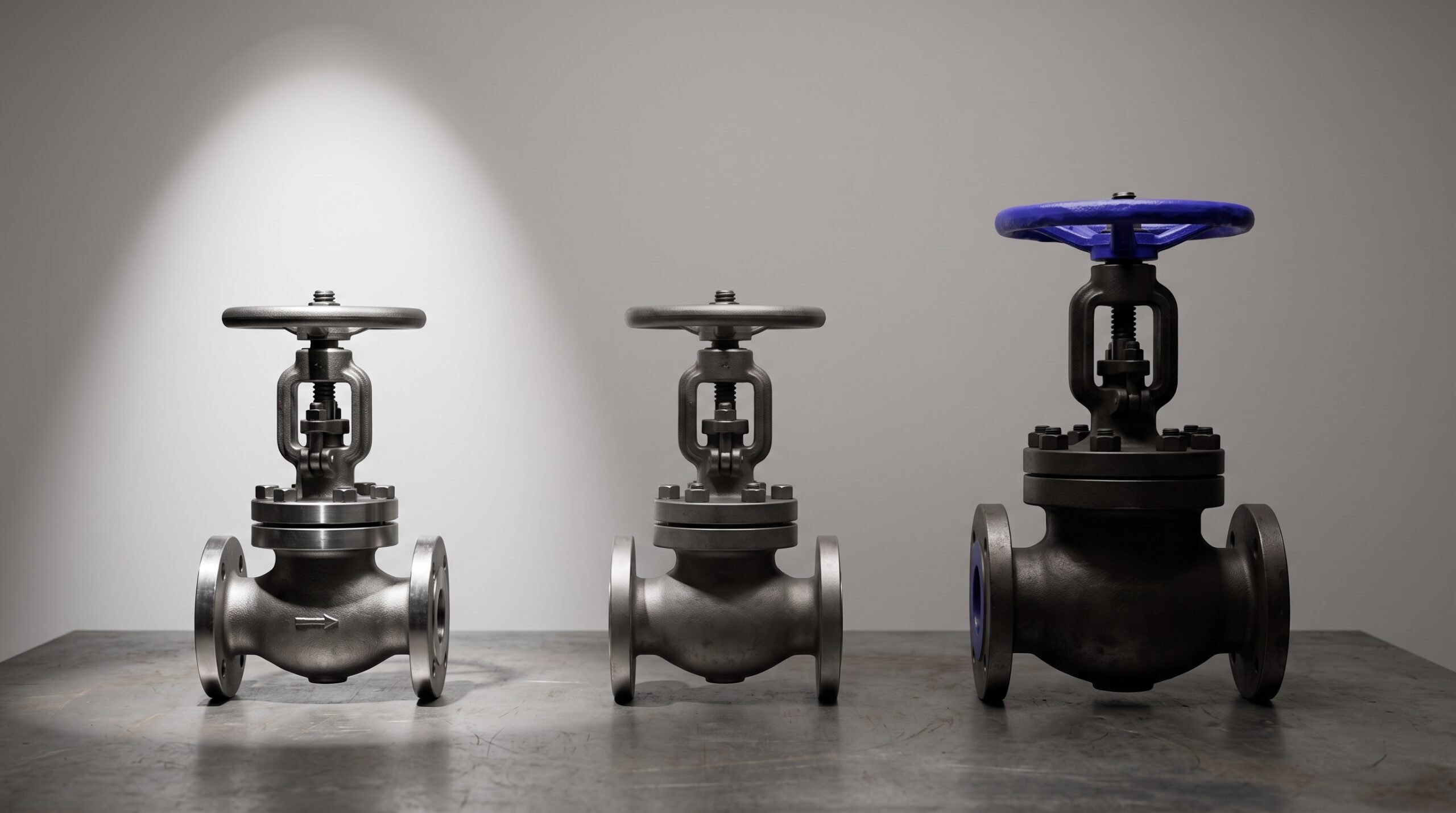 Three similar industrial valves lined up under a spotlight, one with a blue handwheel
