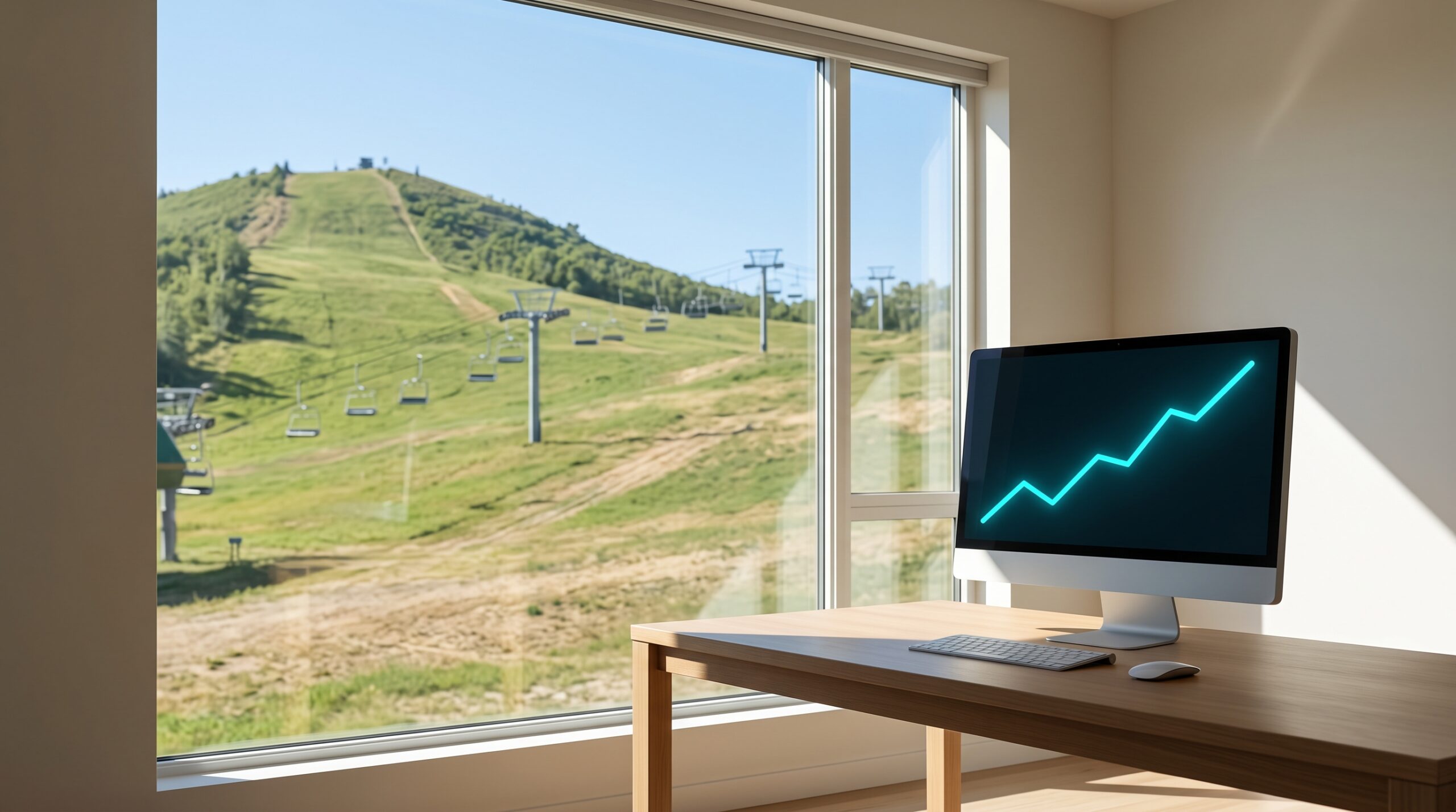 Monitor with a rising chart on a desk while the window behind it shows a snowless ski hill