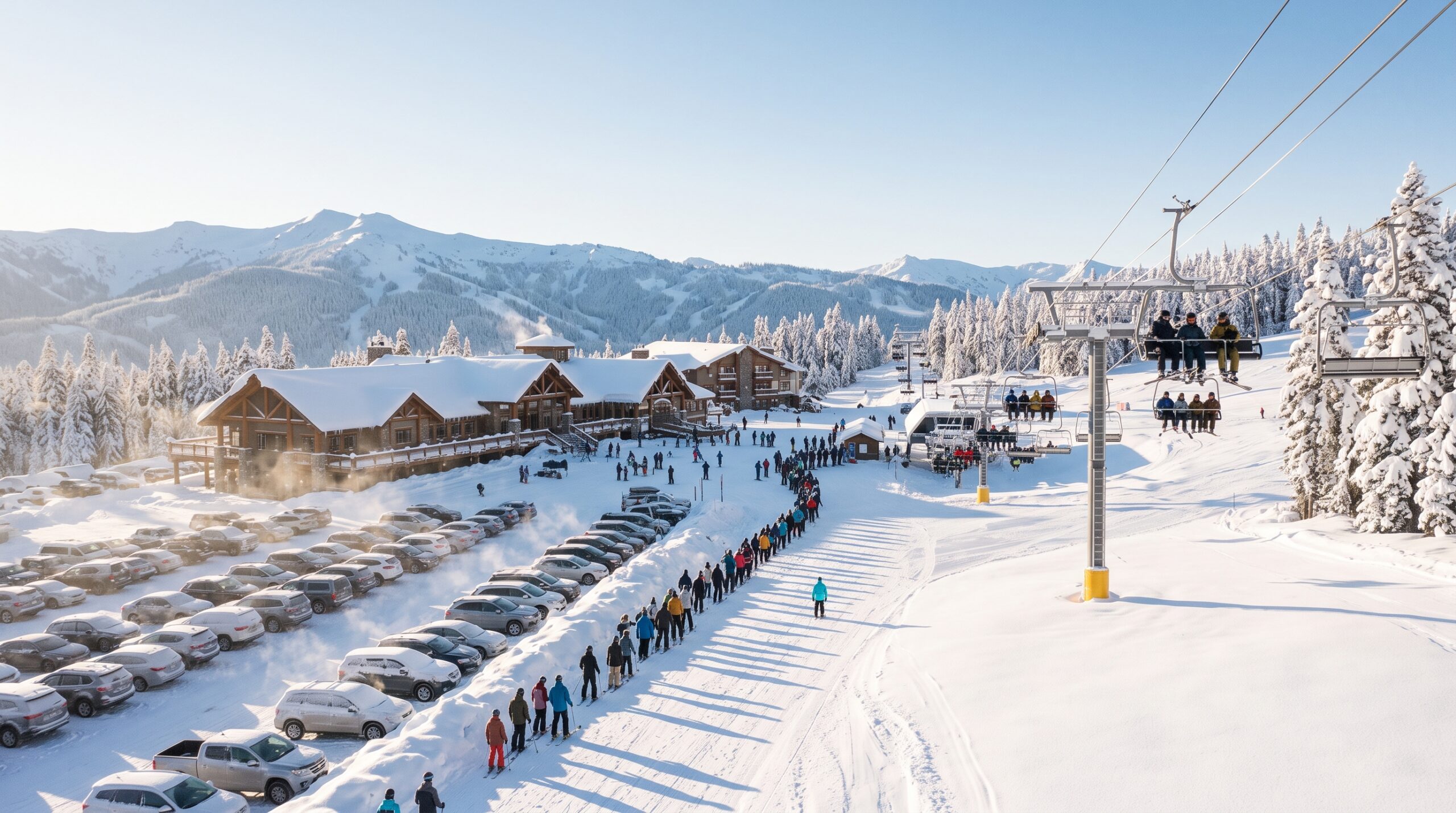 Crowded ski resort base area with a full parking lot and lift line after the first big snowfall of the season