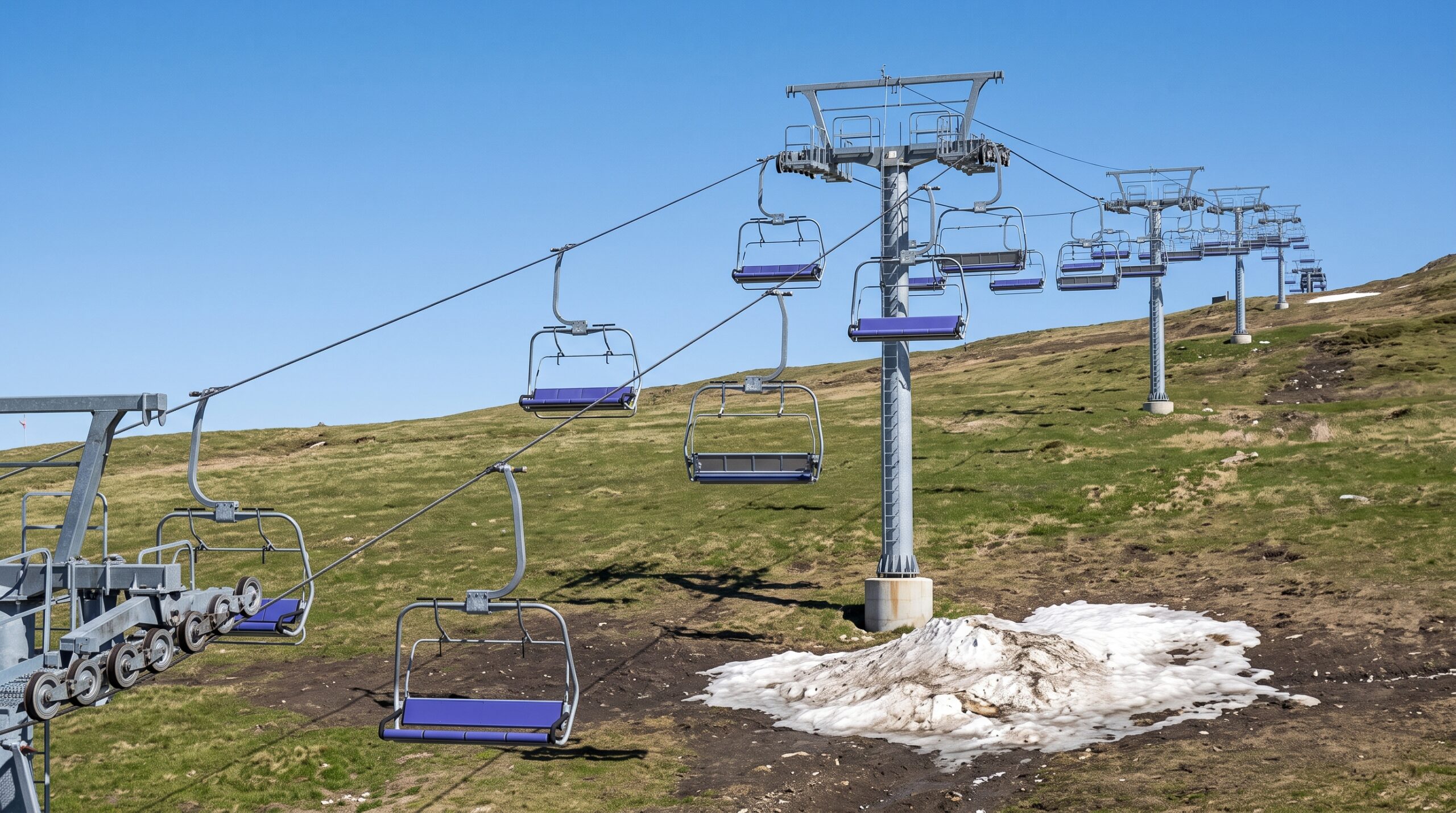 Empty ski chairlift still running above a green, snowless slope on a hot sunny day