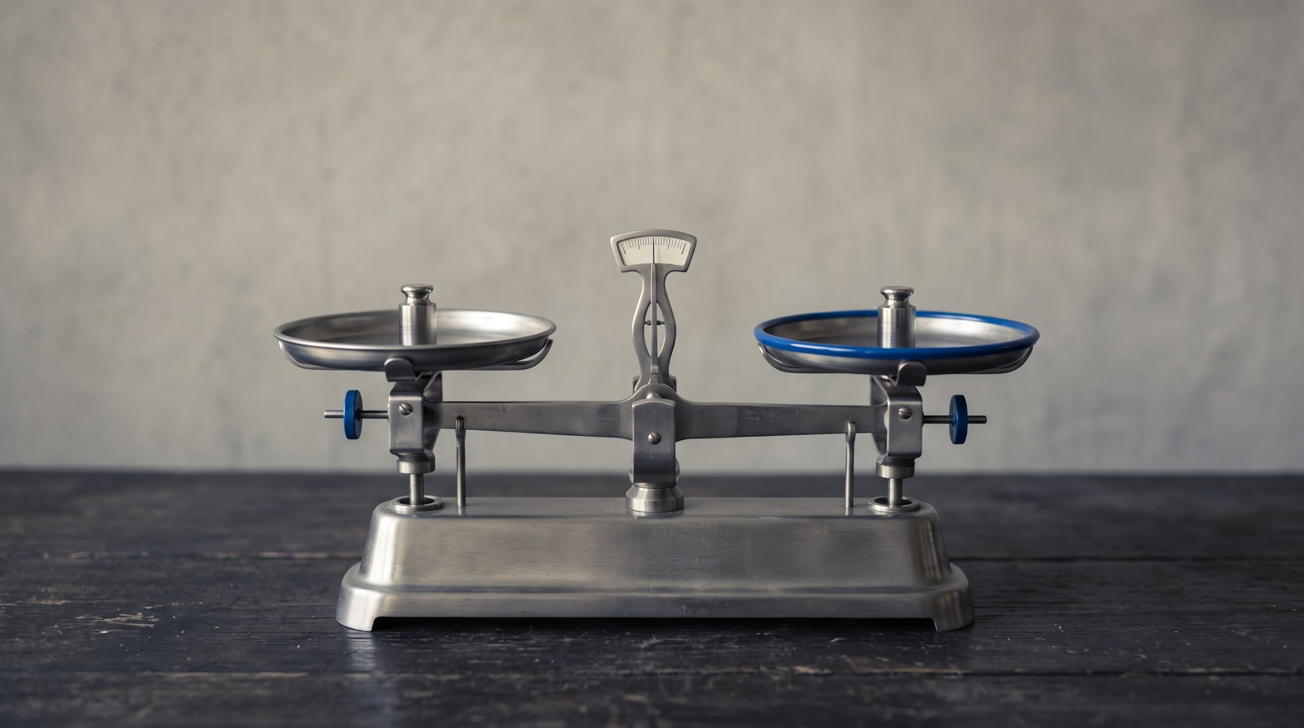 Steel balance scale with two pans sitting level: a clean 50/50 split