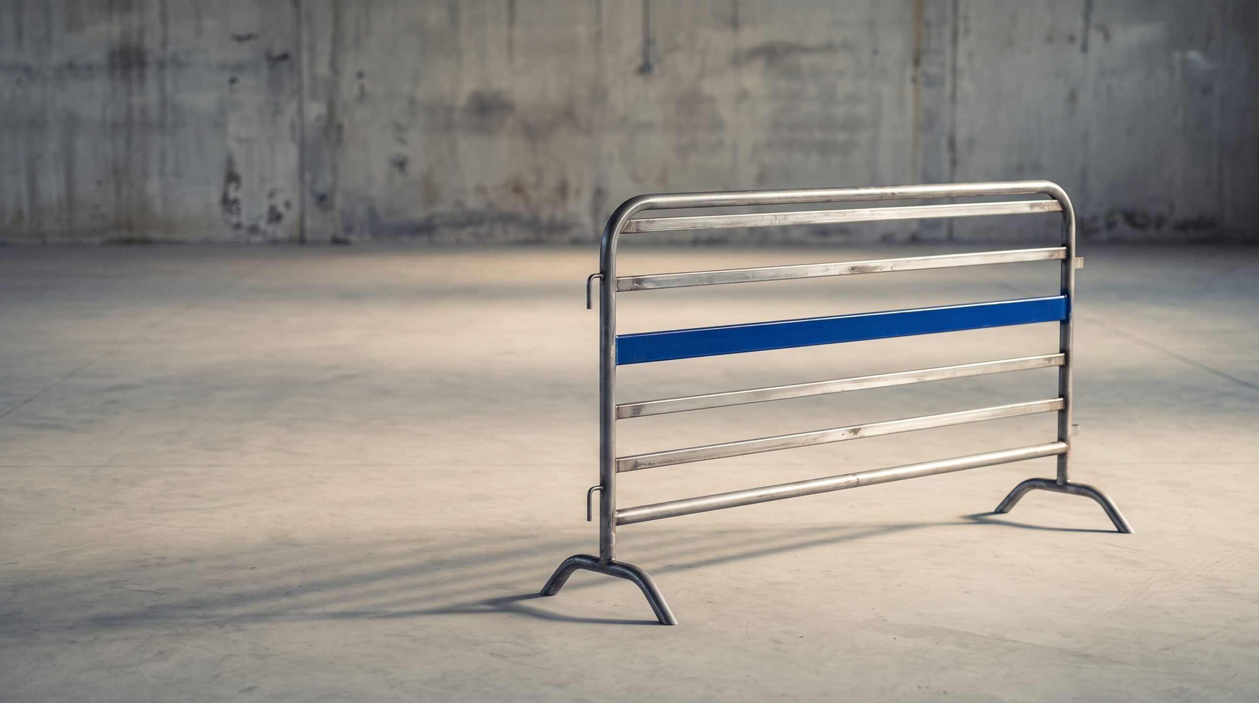 Steel crowd barricade with a blue stripe standing on a concrete floor: a data-backed barricade