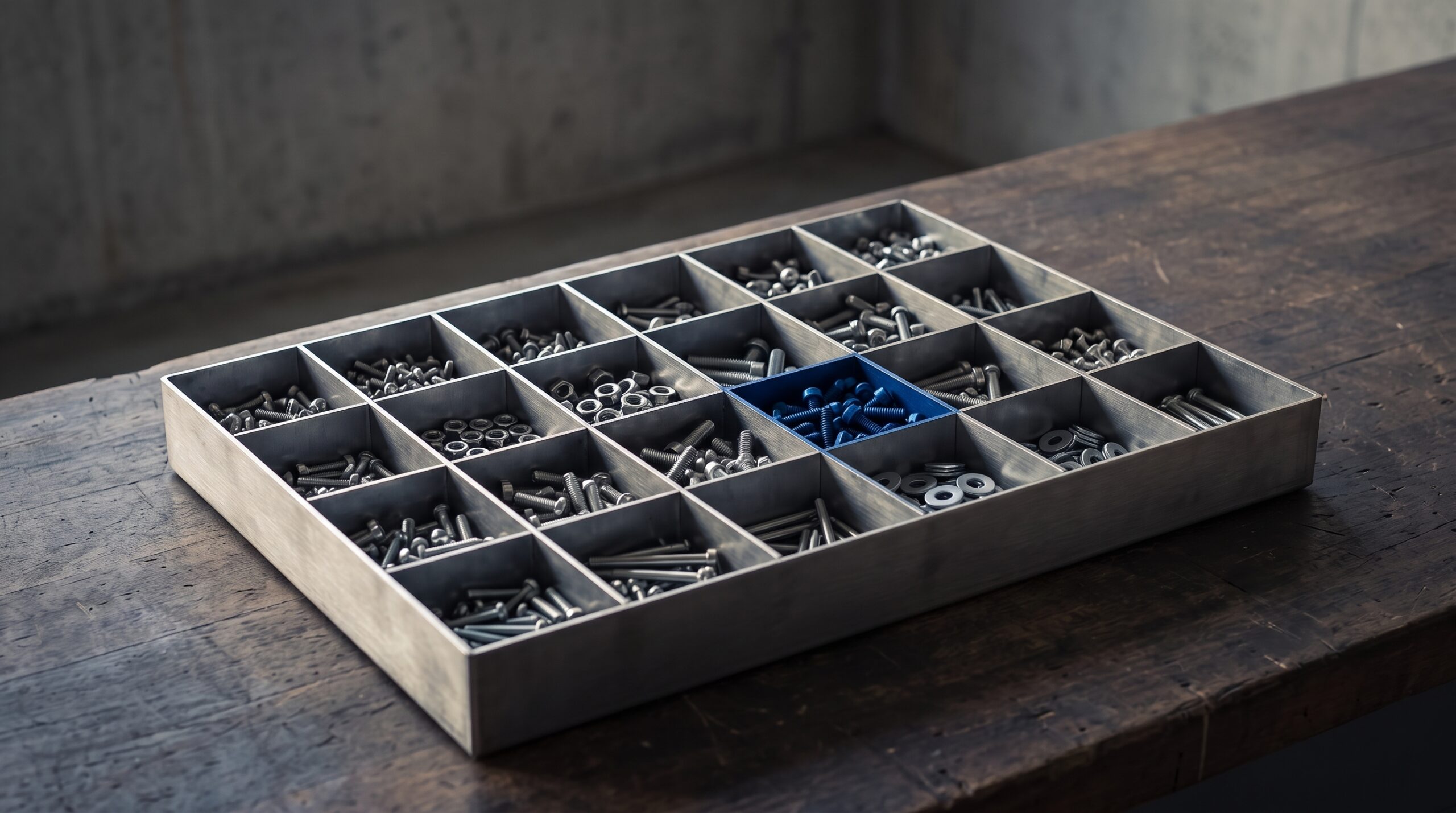 Steel parts organizer with hardware sorted into compartments, one compartment filled with blue parts
