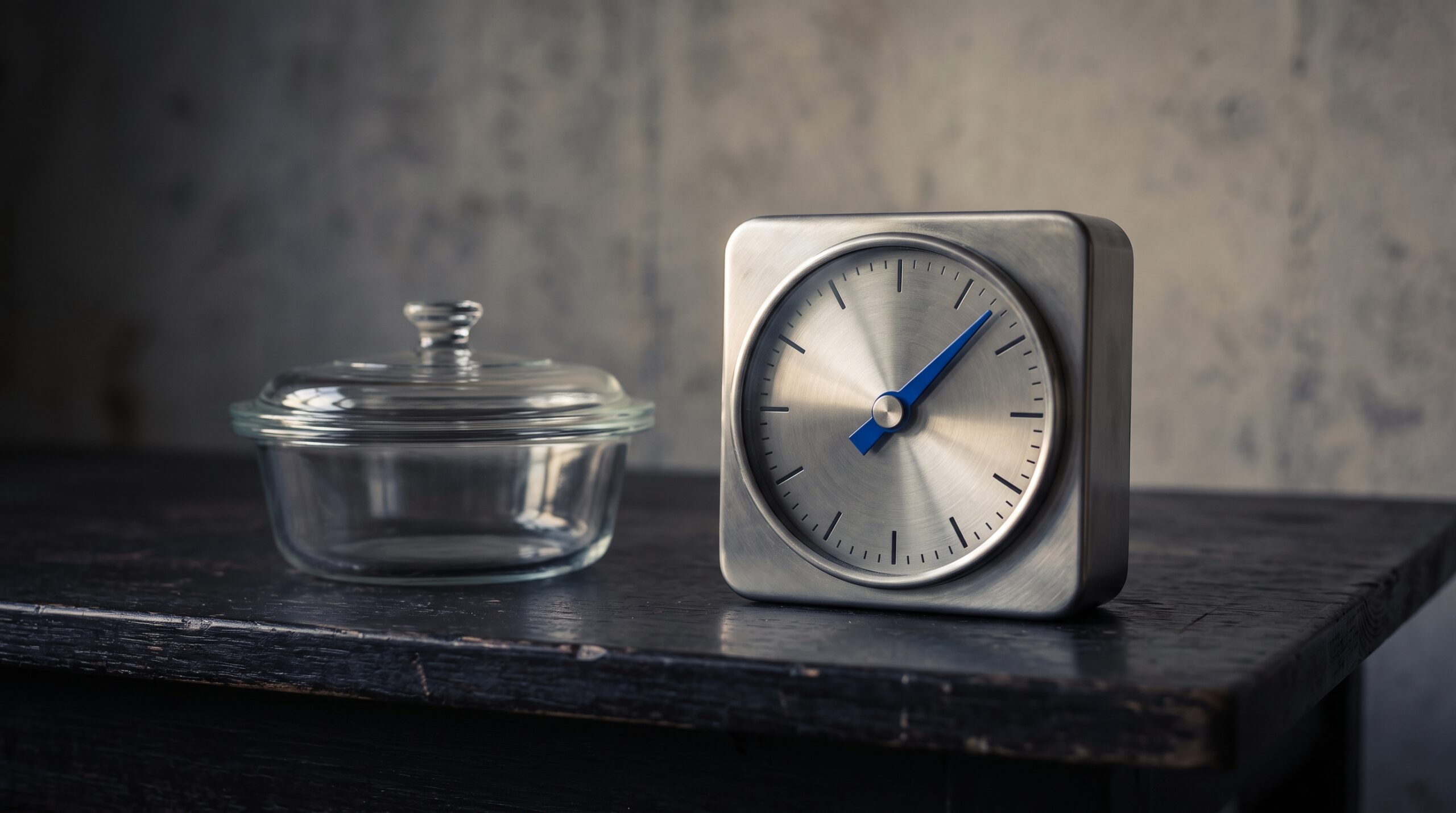 Covered glass lab dish next to a steel timer with blue hands: no peeking until the test has run its course